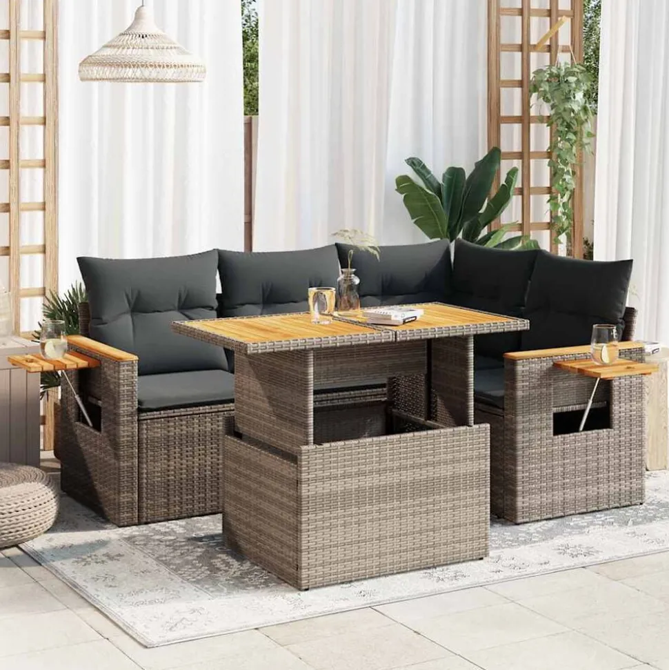 vidaXL 5-delige Loungeset met kussens poly rattan acacia grijs