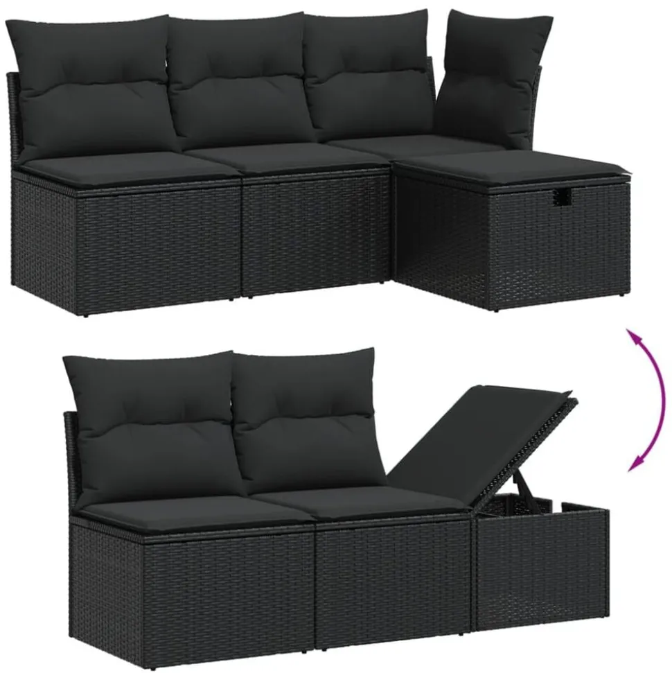 vidaXL 5-delige Loungeset met kussens poly rattan zwart