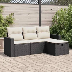 vidaXL 4-delige Loungeset met kussens poly rattan zwart