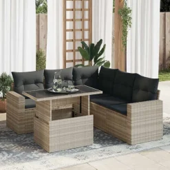 vidaXL 6-delige Loungeset met kussens poly rattan lichtgrijs