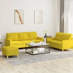 vidaXL 3-delige Loungeset met kussens stof lichtgeel