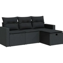 vidaXL 4-delige Loungeset met kussens poly rattan zwart