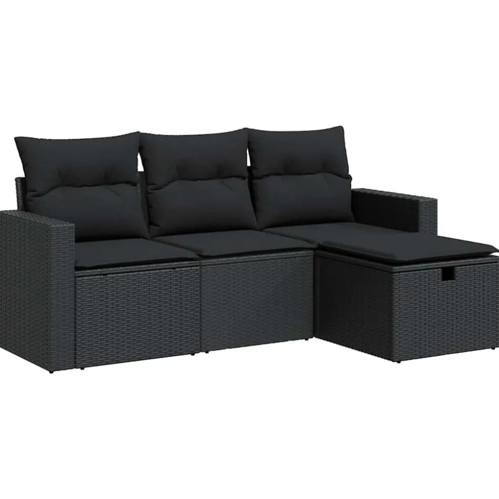 vidaXL 4-delige Loungeset met kussens poly rattan zwart
