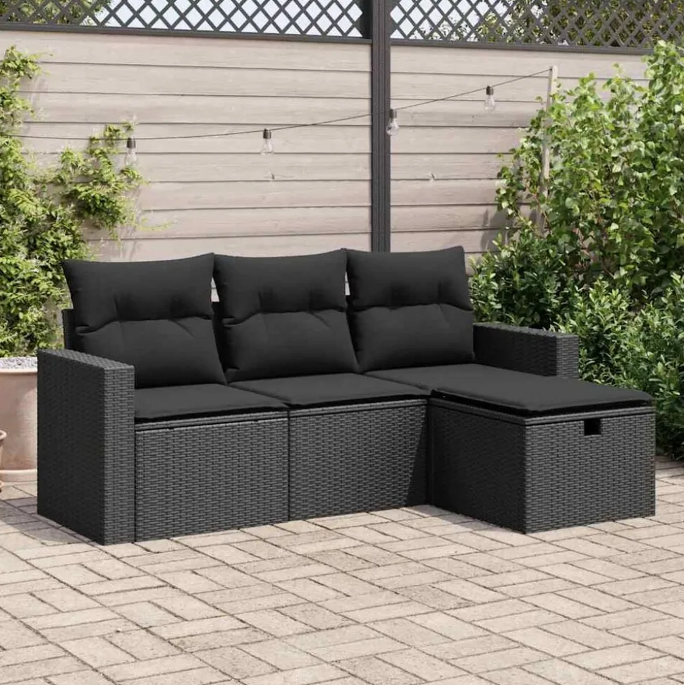 vidaXL 4-delige Loungeset met kussens poly rattan zwart