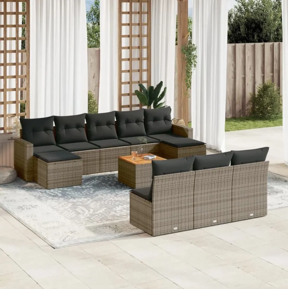 vidaXL 11-delige Loungeset met kussens poly rattan grijs