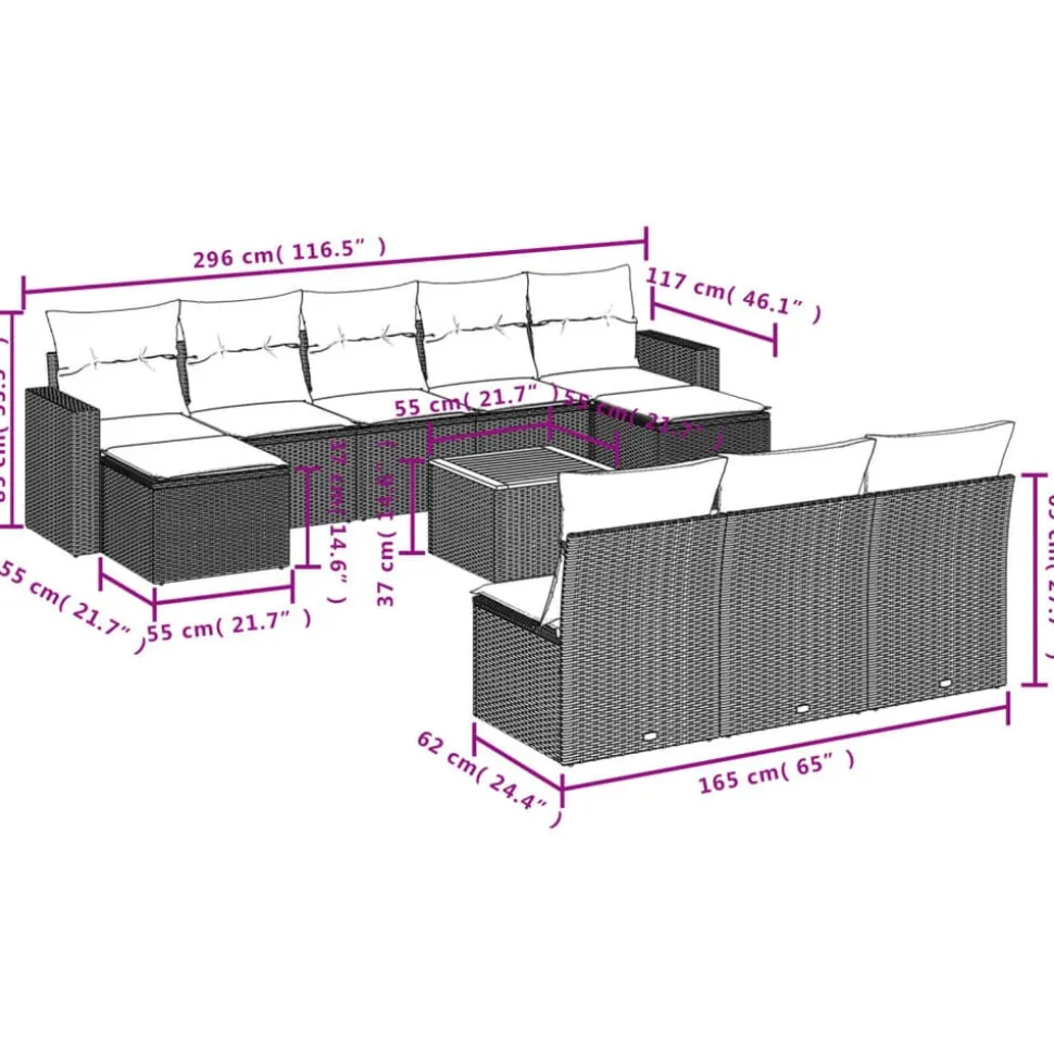 vidaXL 11-delige Loungeset met kussens poly rattan grijs