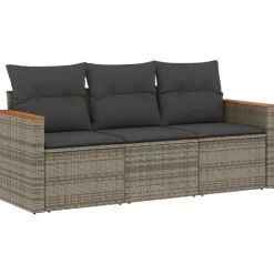 vidaXL 3-delige Loungeset met kussens poly rattan grijs