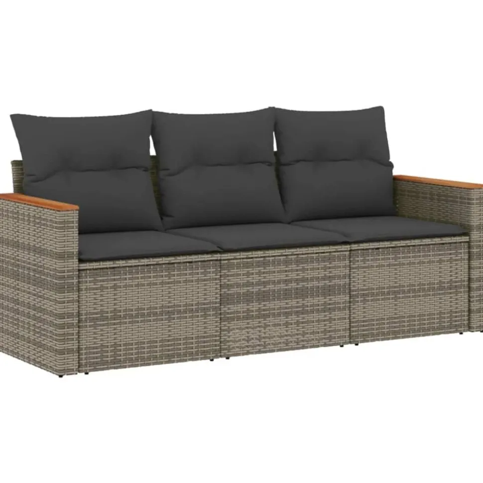 vidaXL 3-delige Loungeset met kussens poly rattan grijs