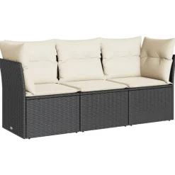 vidaXL 3-delige Loungeset met kussens poly rattan zwart
