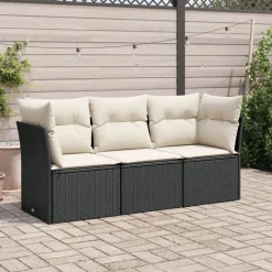 vidaXL 3-delige Loungeset met kussens poly rattan zwart