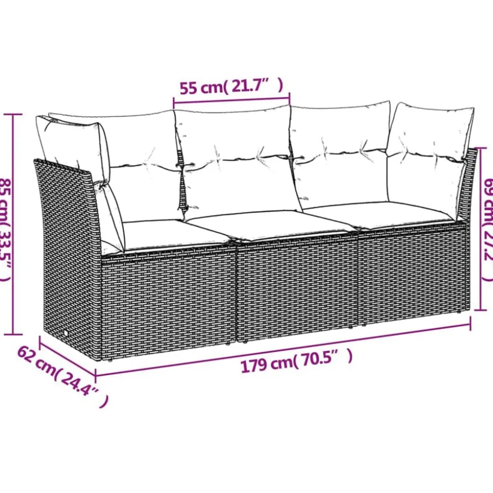 vidaXL 3-delige Loungeset met kussens poly rattan zwart