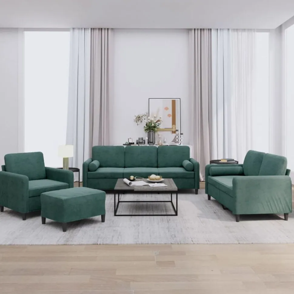 vidaXL 4-delige Loungeset met kussens fluweel donkergroen