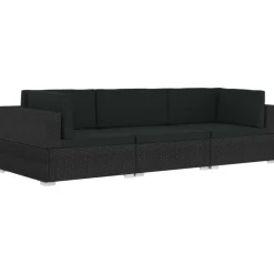 vidaXL 3-delige Loungeset met kussens poly rattan zwart