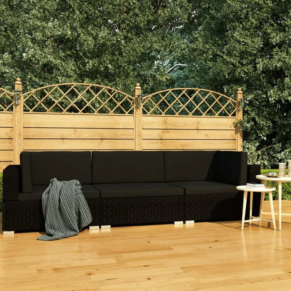 vidaXL 3-delige Loungeset met kussens poly rattan zwart