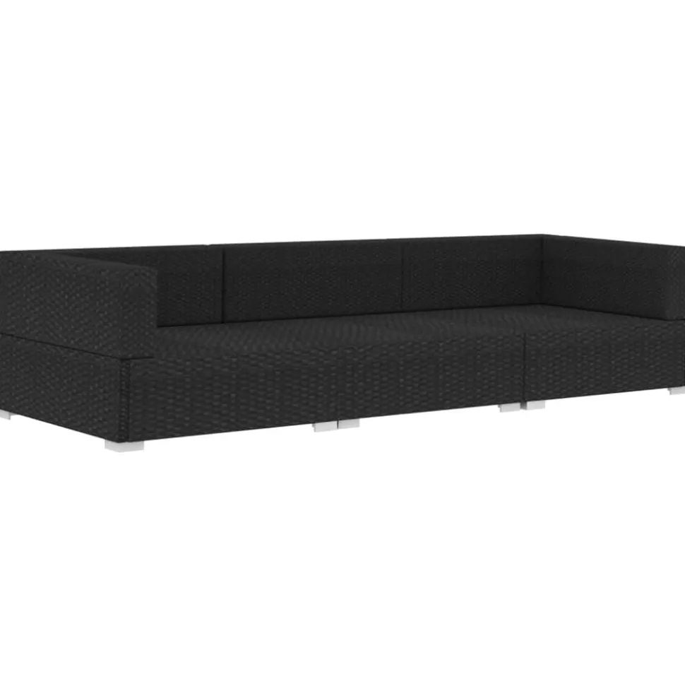 vidaXL 3-delige Loungeset met kussens poly rattan zwart