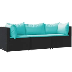 vidaXL 3-delige Loungeset met kussens poly rattan zwart
