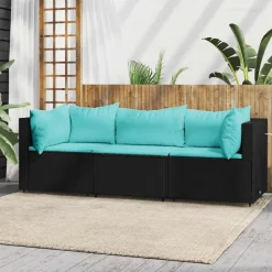 vidaXL 3-delige Loungeset met kussens poly rattan zwart