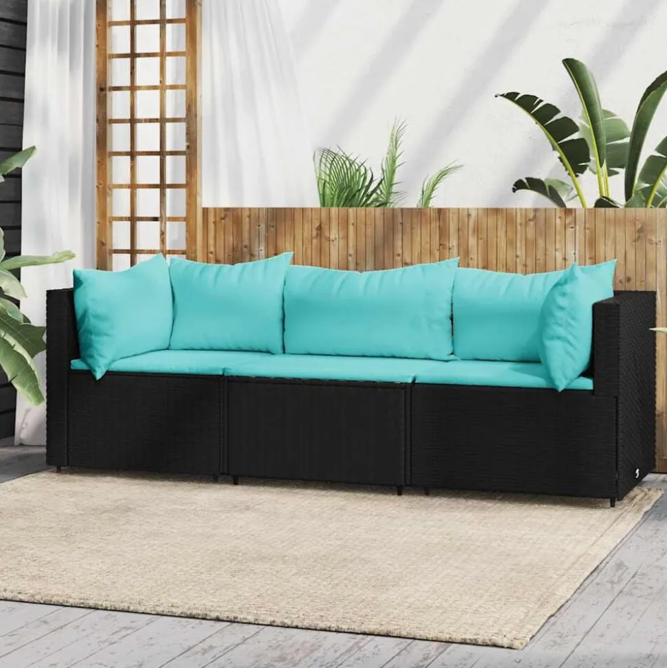 vidaXL 3-delige Loungeset met kussens poly rattan zwart