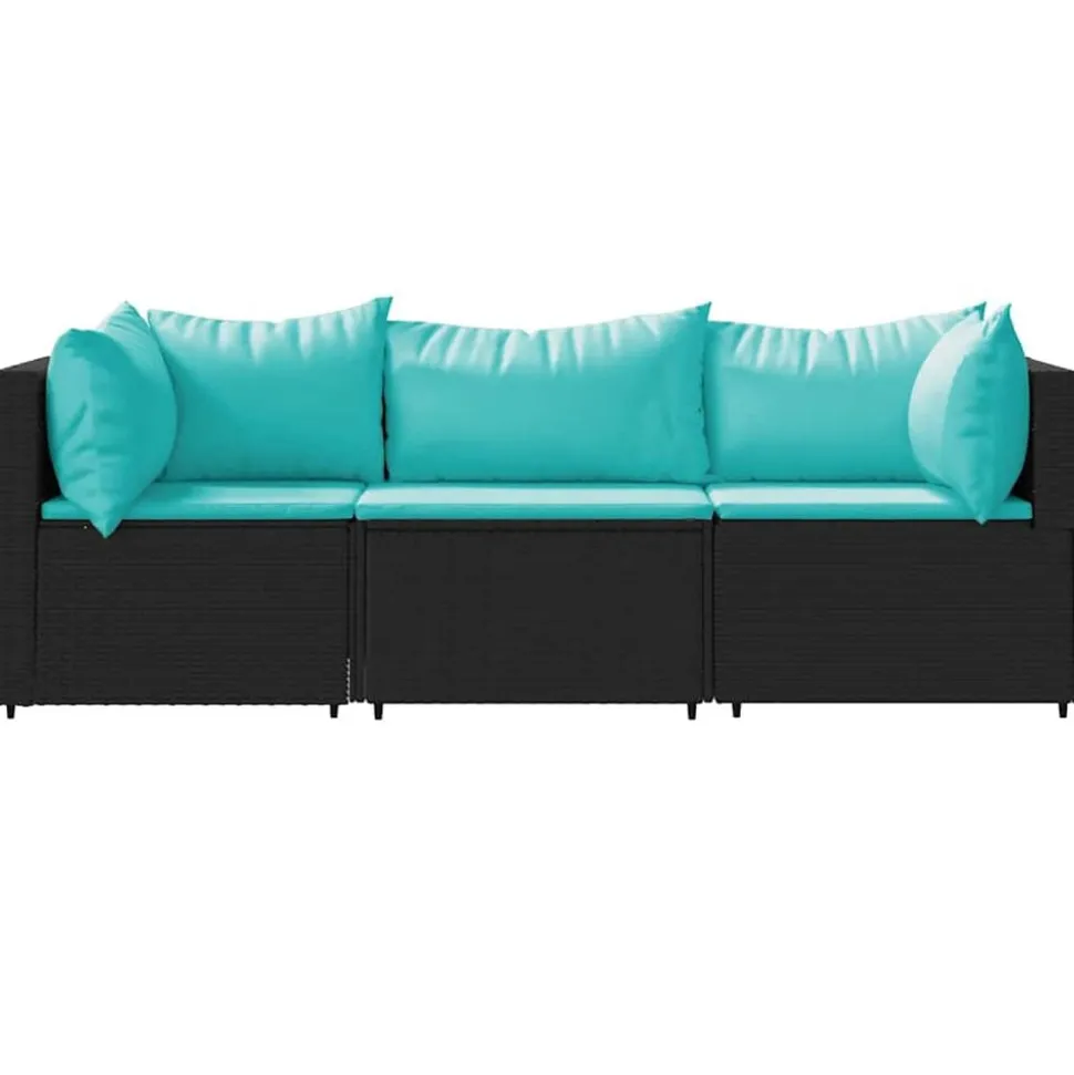 vidaXL 3-delige Loungeset met kussens poly rattan zwart
