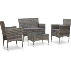 vidaXL 4-delige Loungeset met kussens poly rattan grijs