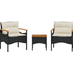 vidaXL 3-delige Loungeset met kussens poly rattan zwart