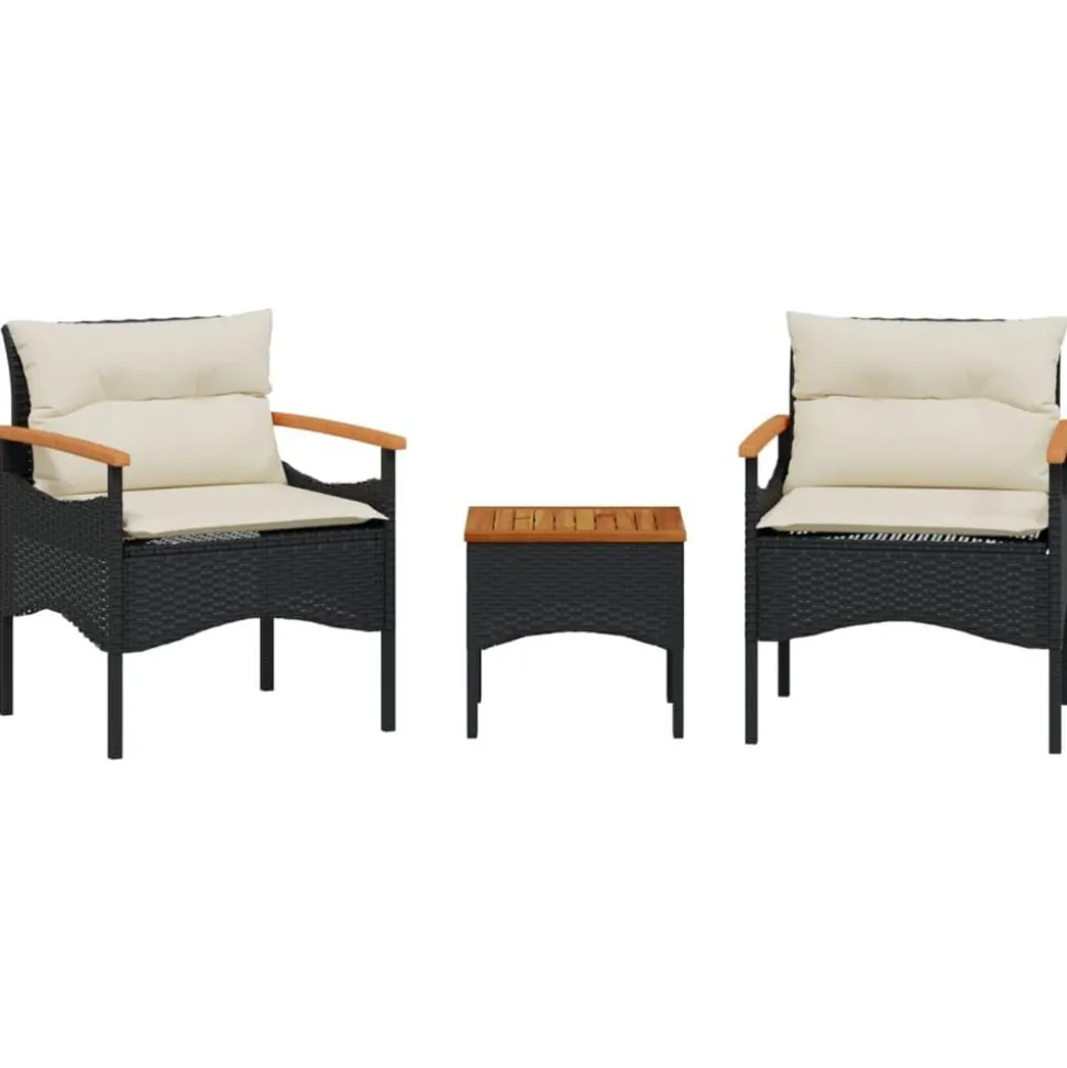 vidaXL 3-delige Loungeset met kussens poly rattan zwart