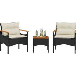 vidaXL 3-delige Loungeset met kussens poly rattan zwart