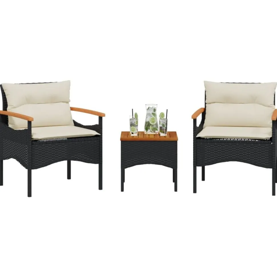 vidaXL 3-delige Loungeset met kussens poly rattan zwart