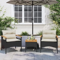 vidaXL 3-delige Loungeset met kussens poly rattan zwart