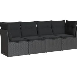vidaXL 4-delige Loungeset met kussens poly rattan zwart