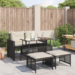vidaXL 4-delige Loungeset met kussens poly rattan en glas zwart