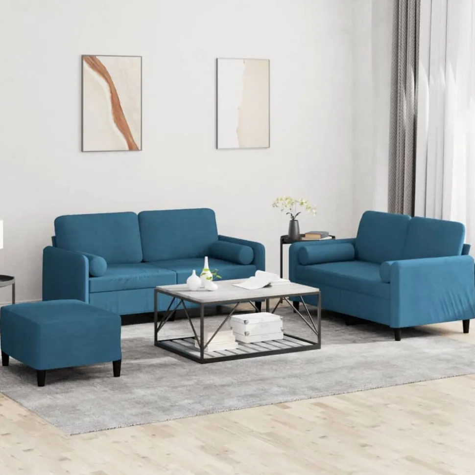 vidaXL 3-delige Loungeset met kussens fluweel blauw