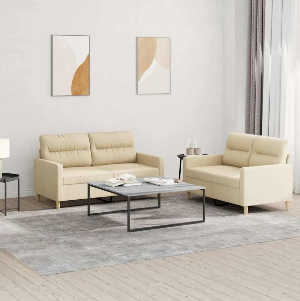 vidaXL 2-delige Loungeset met kussens stof crèmekleurig