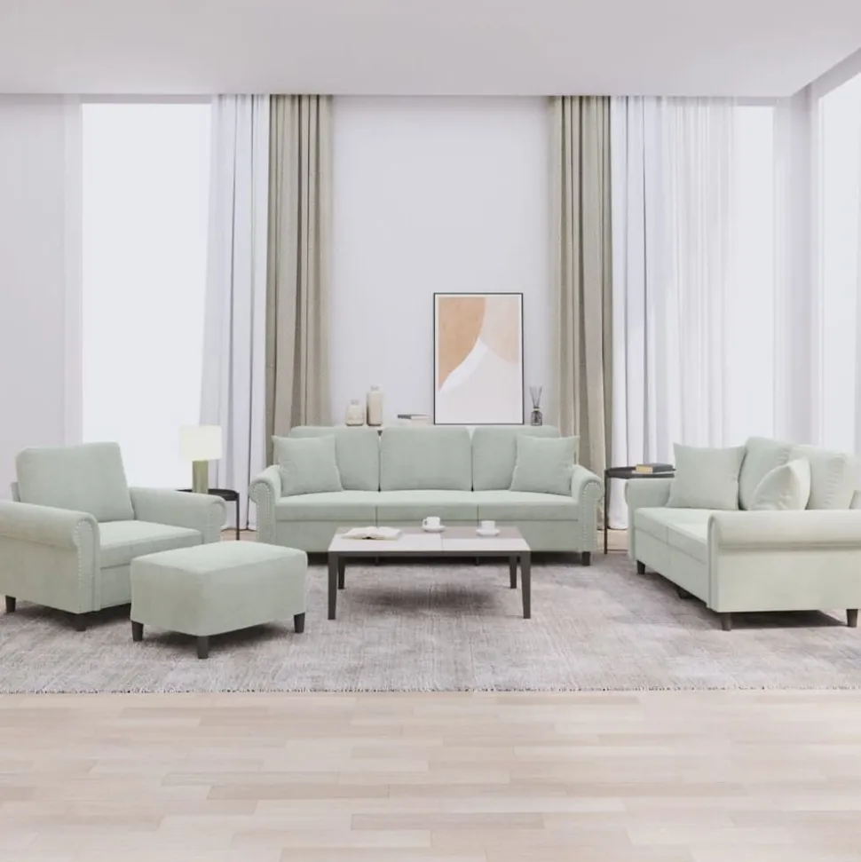 vidaXL 4-delige Loungeset met kussens fluweel lichtgrijs