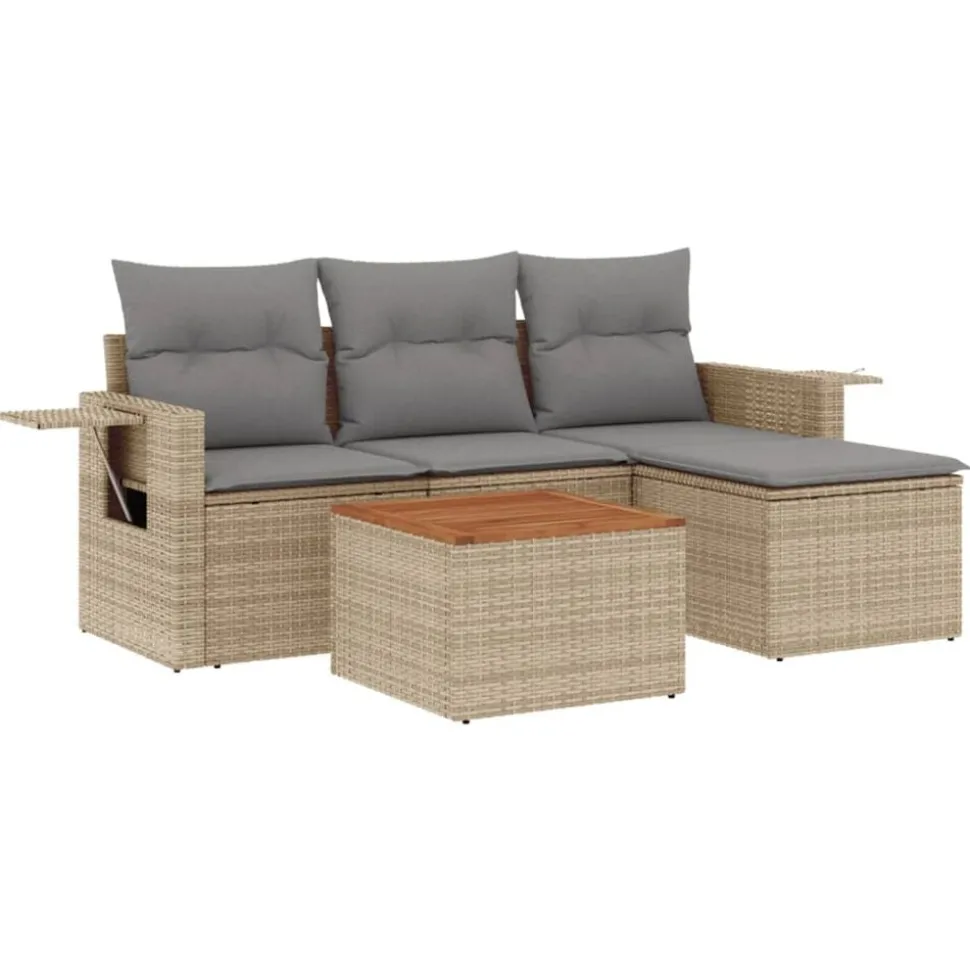 vidaXL 5-delige Loungeset met kussens poly rattan beige