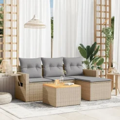 vidaXL 5-delige Loungeset met kussens poly rattan beige