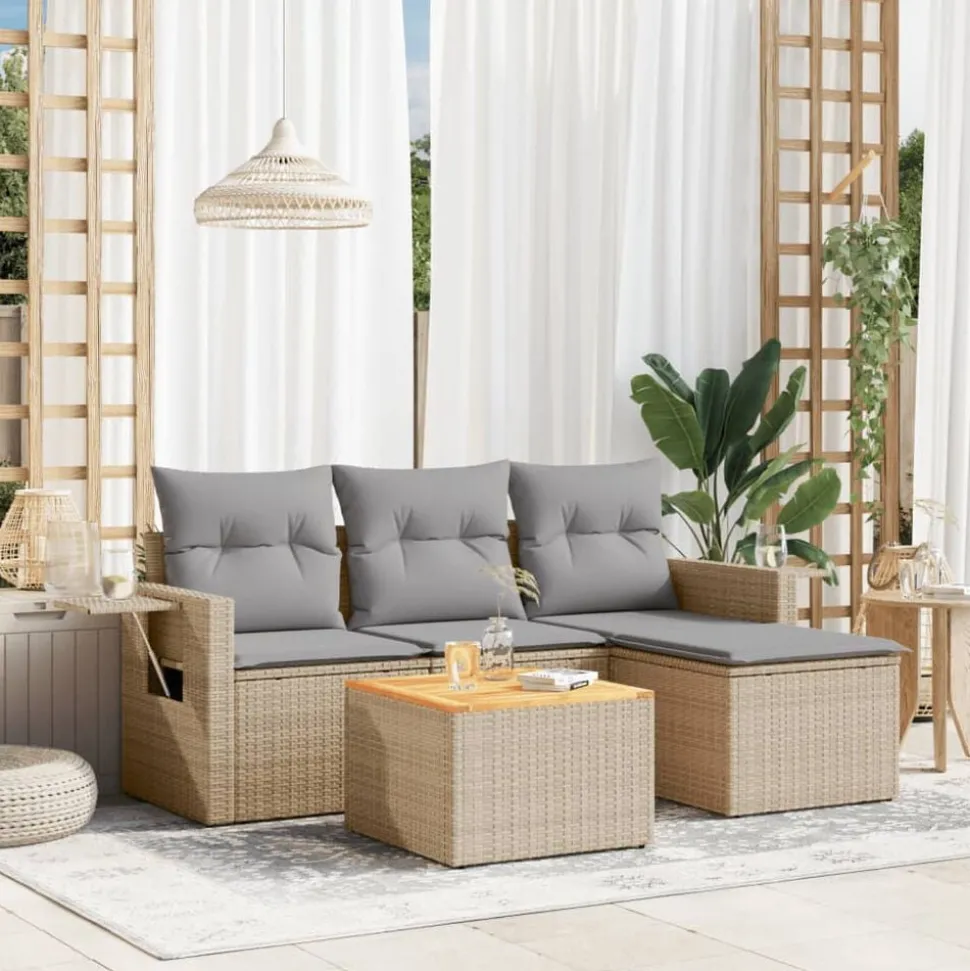 vidaXL 5-delige Loungeset met kussens poly rattan beige