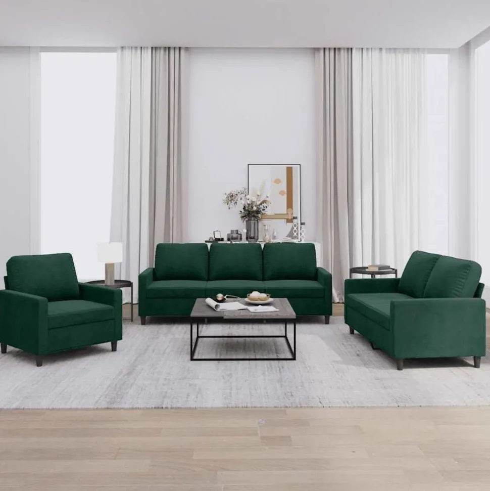 vidaXL 3-delige Loungeset met kussens fluweel donkergroen