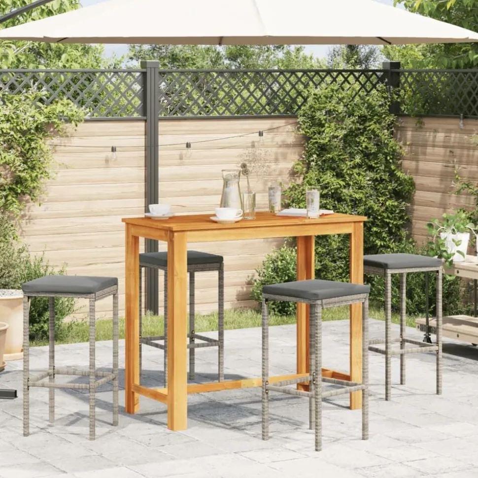 vidaXL 5-delige Tuinbarset massief acaciahout en poly rattan grijs