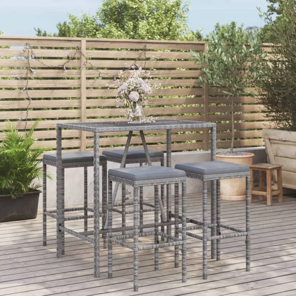 vidaXL 5-delige Tuinbarset met kussens poly rattan grijs
