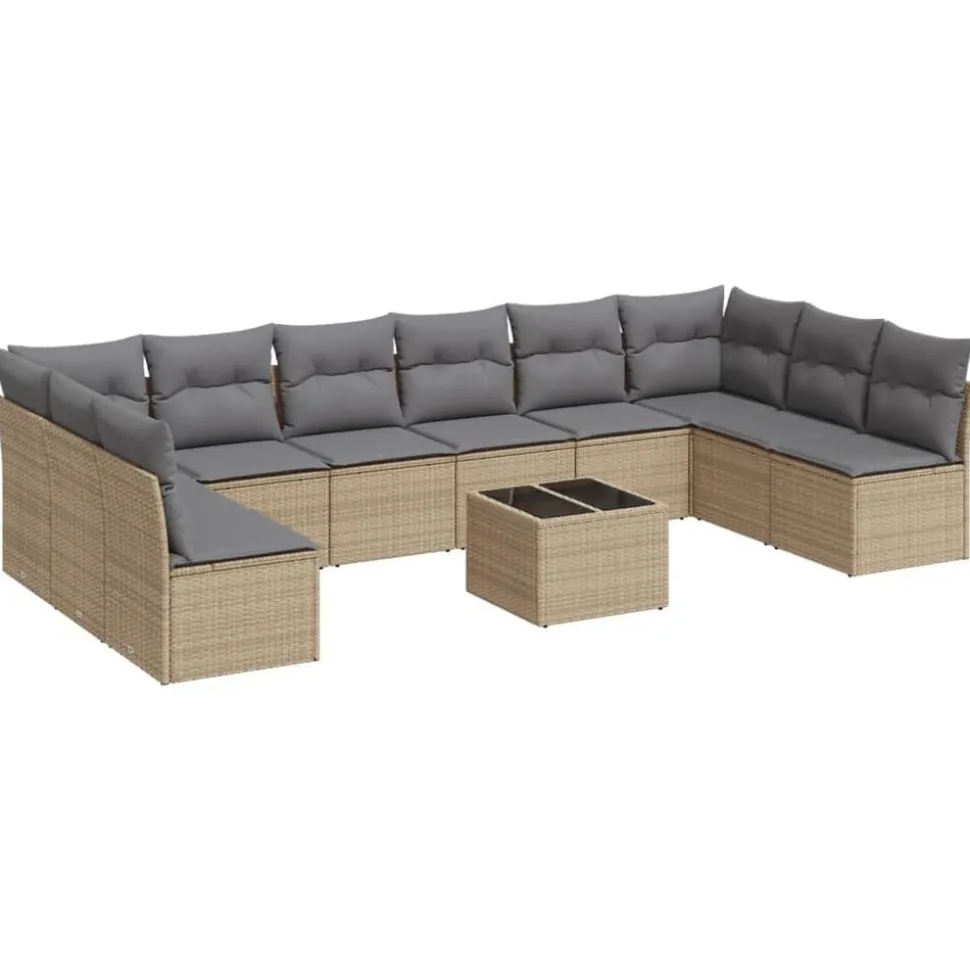 vidaXL 11-delige Tuinset met kussens poly rattan beige