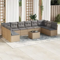 vidaXL 11-delige Tuinset met kussens poly rattan beige