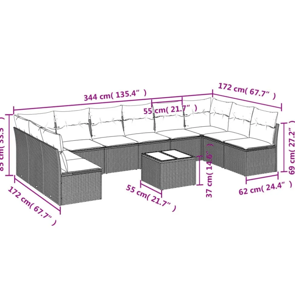vidaXL 11-delige Tuinset met kussens poly rattan beige