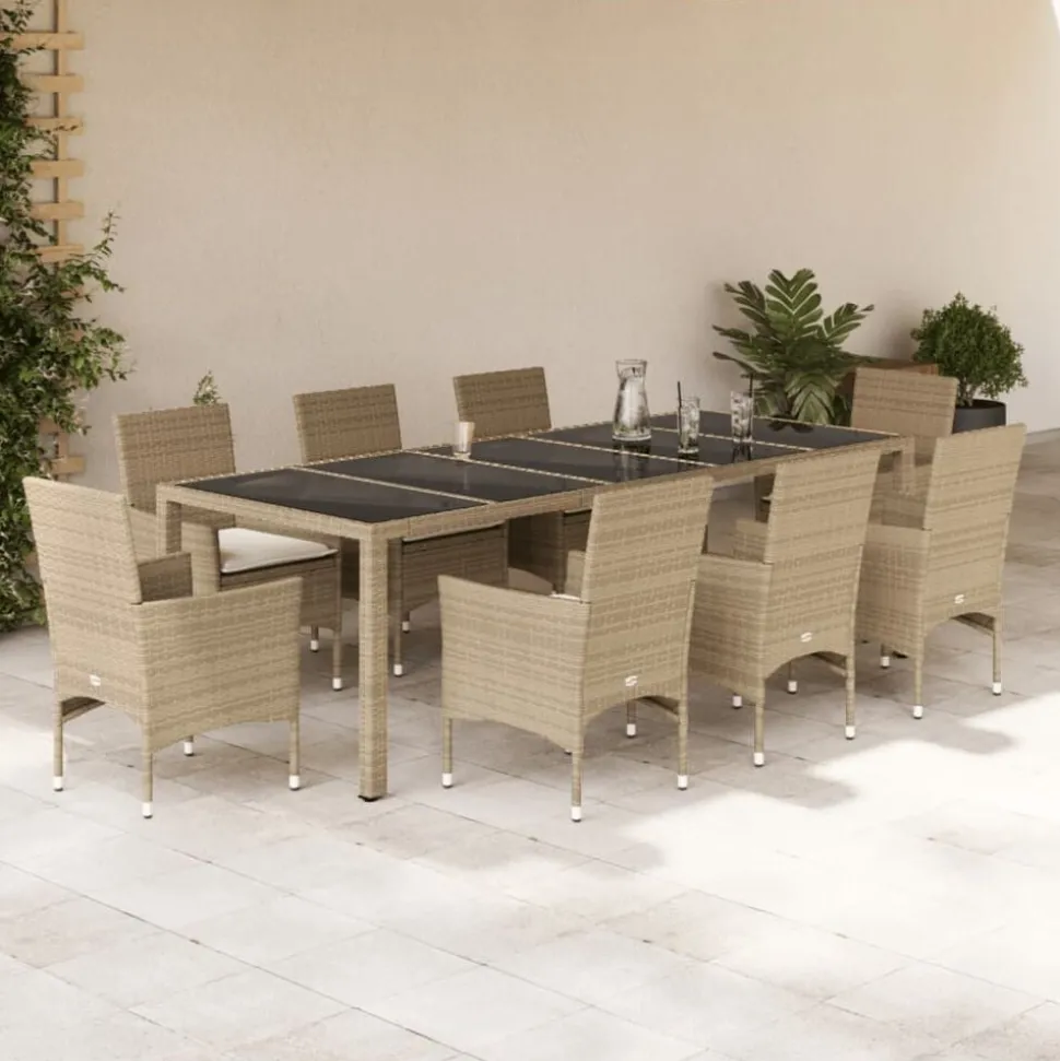vidaXL 9-delige Tuinset met kussens poly rattan en glas beige