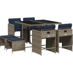 vidaXL 9-delige tuinset met kussens, grijs polyrotan