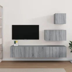 vidaXL 4-delige Tv-meubelset bewerkt hout grijs sonoma eikenkleurig