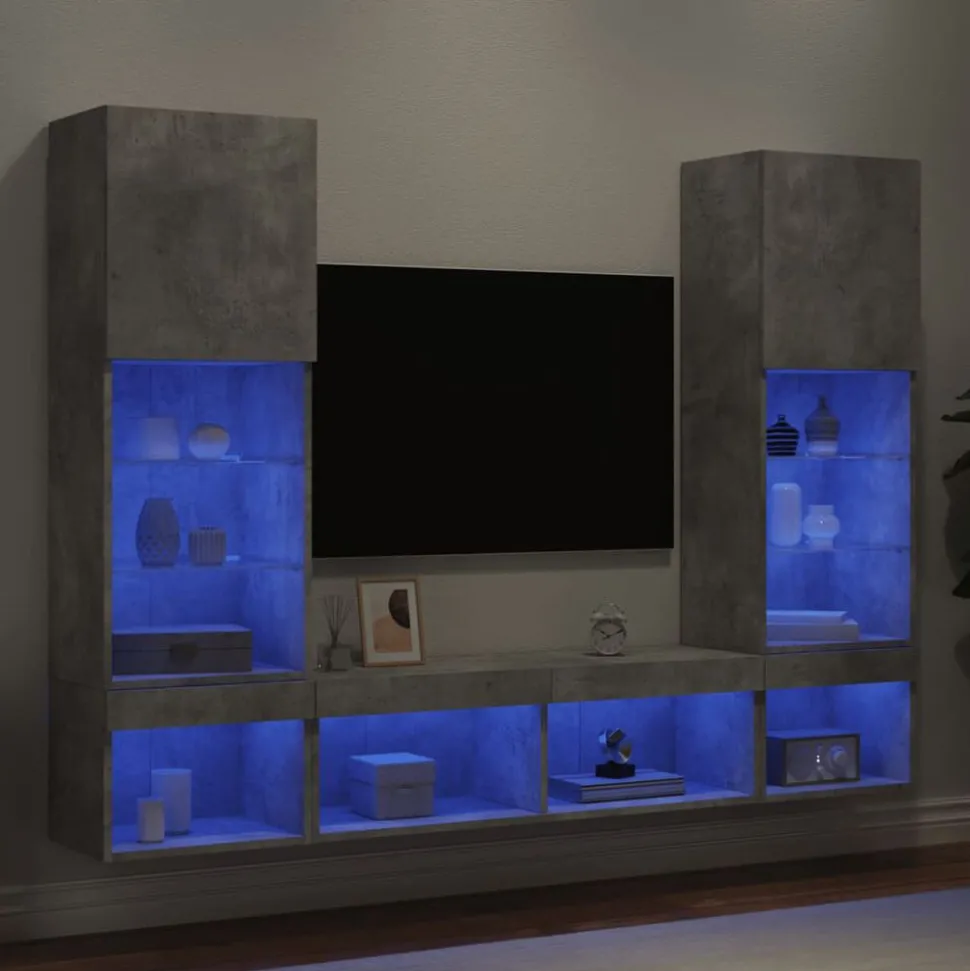 vidaXL 5-delige Tv-wandmeubelset met LED bewerkt hout betongrijs