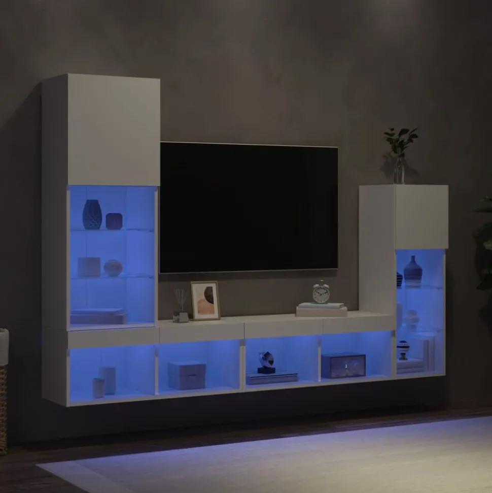 vidaXL 4-delige Tv-wandmeubelset met LED-verlichting bewerkt hout wit