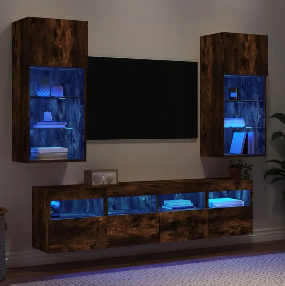 vidaXL 5-delige tv-wandmeubelset met LED bewerkt hout gerookt eiken