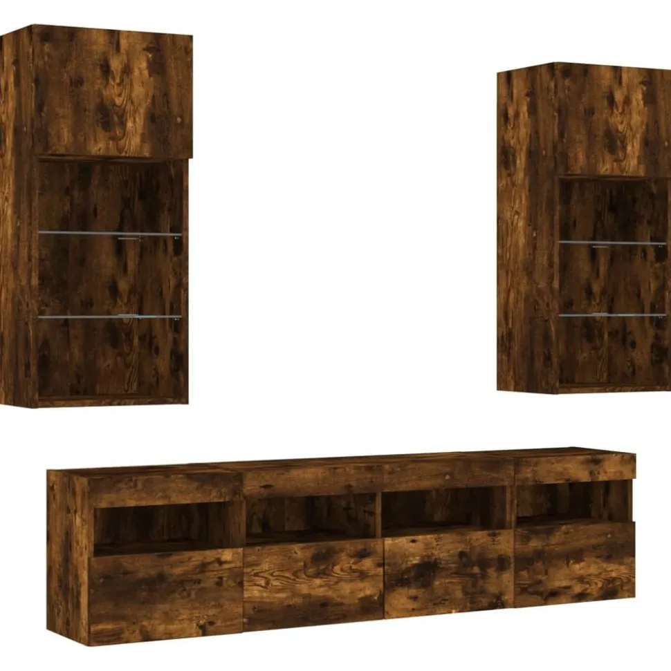 vidaXL 5-delige tv-wandmeubelset met LED bewerkt hout gerookt eiken